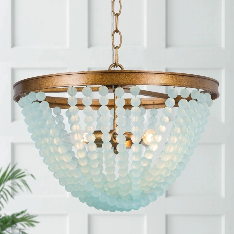 Rustic French Blue Crystal Wood Bead Chandelier Pendant Retro White Black Bohemian Boho Beachy Ceiling Lamp Light Fixtures