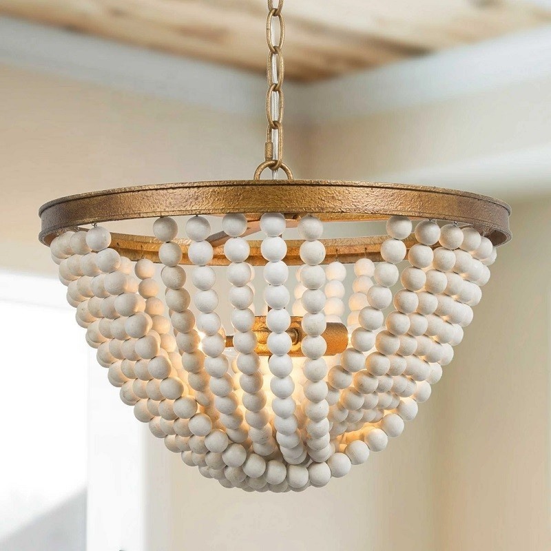 Rustic French Blue Crystal Wood Bead Chandelier Pendant Retro White Black Bohemian Boho Beachy Ceiling Lamp Light Fixtures