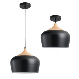 Black Single E27 Bulb Wood Pattern Ceiling Light Shade Hanging Light Modern Pendant Light Chandelier Fixtures with Metal LED 80