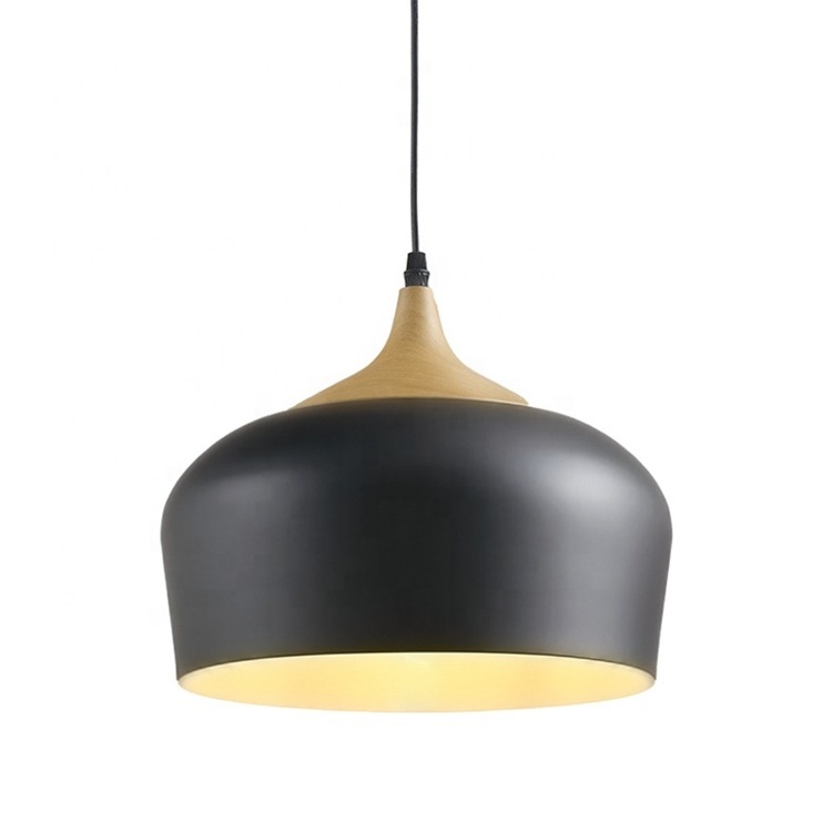 Black Single E27 Bulb Wood Pattern Ceiling Light Shade Hanging Light Modern Pendant Light Chandelier Fixtures with Metal LED 80