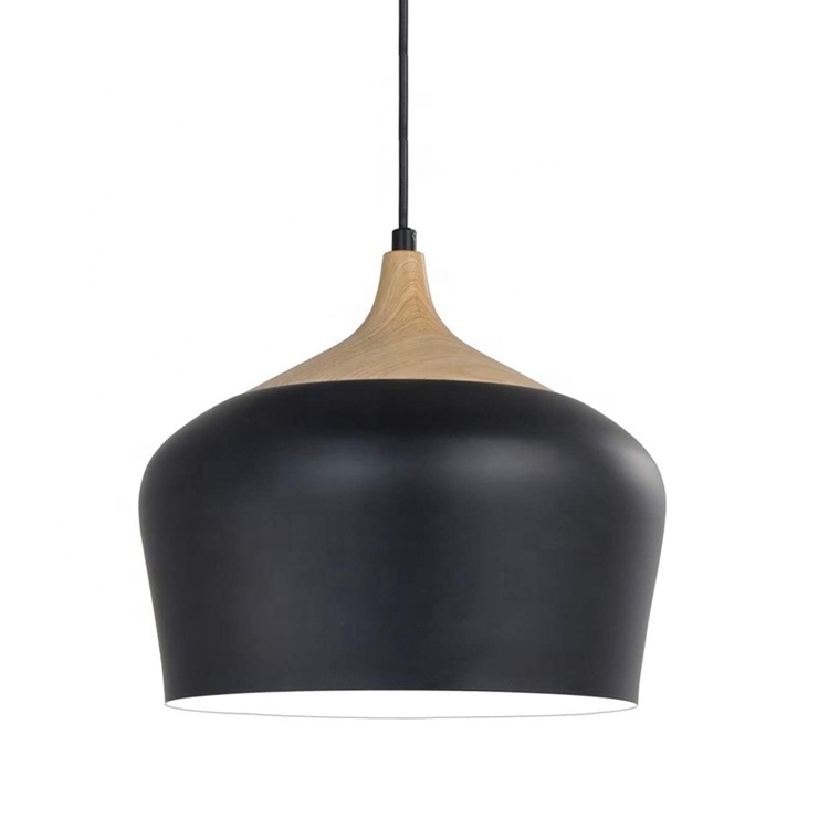 Black Single E27 Bulb Wood Pattern Ceiling Light Shade Hanging Light Modern Pendant Light Chandelier Fixtures with Metal LED 80