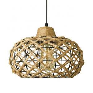 Rustic Boho Pendant Light Hand Woven Hemp Rope Cage Basket Rattan Hanging Lamp Wicker Coastal Retro Light Fixtures for Hallway E