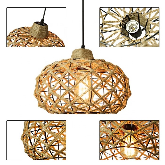 Rustic Boho Pendant Light Hand Woven Hemp Rope Cage Basket Rattan Hanging Lamp Wicker Coastal Retro Light Fixtures for Hallway E