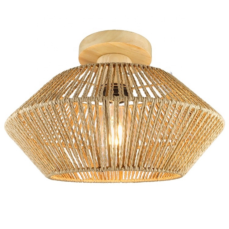 Modern Nordic Handwoven Lamp Rattan Natural Paper String Woven Cage Shade Wood Base Surface Mounted Rattan Ceiling Light Fixture