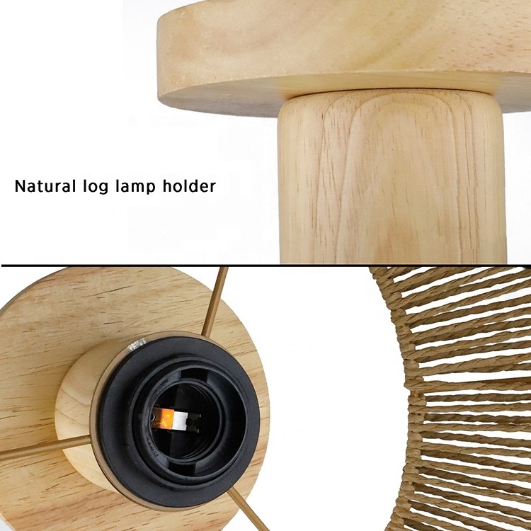 Modern Nordic Handwoven Lamp Rattan Natural Paper String Woven Cage Shade Wood Base Surface Mounted Rattan Ceiling Light Fixture