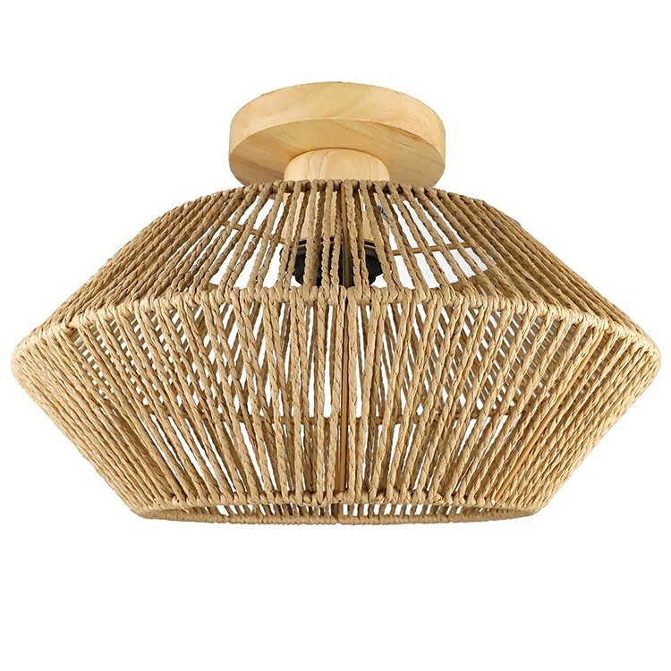 Modern Nordic Handwoven Lamp Rattan Natural Paper String Woven Cage Shade Wood Base Surface Mounted Rattan Ceiling Light Fixture