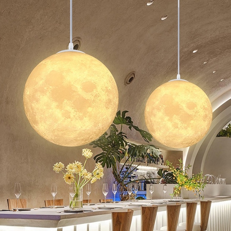 Modern Resin Round Pendant Light Lunar Chandeliers 3D Printing Planet Moon Hanging Lamps 3D Ball Spherical Light Fixture