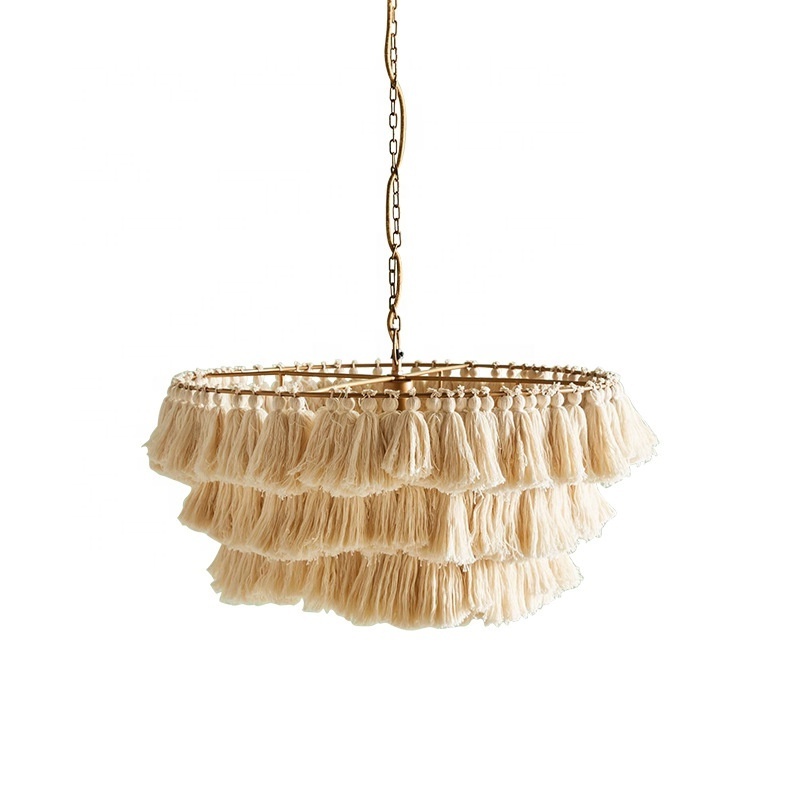 Modern D50cm 3 Tier Tassel Chandelier Fringe Pendant Lights Boho Macrame Lamp Shade Hanging Lamp Hand Weaving Rope Ceiling Light