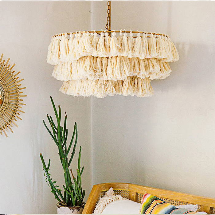 Modern D50cm 3 Tier Tassel Chandelier Fringe Pendant Lights Boho Macrame Lamp Shade Hanging Lamp Hand Weaving Rope Ceiling Light