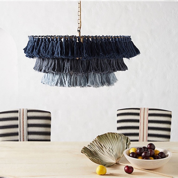 Modern D50cm 3 Tier Tassel Chandelier Fringe Pendant Lights Boho Macrame Lamp Shade Hanging Lamp Hand Weaving Rope Ceiling Light