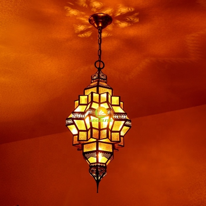 Antique Retro Geometric Amber Textured Ceiling Tiffany Mosaic Glass Brass Moroccan Pendant Lamp Modern Chandelier Pendant Light