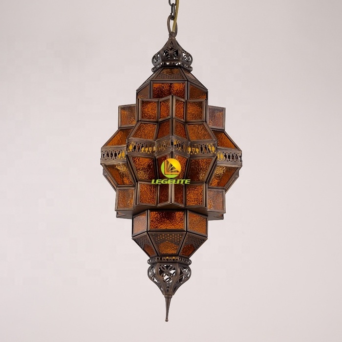 Antique Retro Geometric Amber Textured Ceiling Tiffany Mosaic Glass Brass Moroccan Pendant Lamp Modern Chandelier Pendant Light