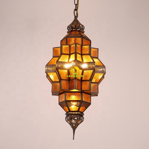 Antique Retro Geometric Amber Textured Ceiling Tiffany Mosaic Glass Brass Moroccan Pendant Lamp Modern Chandelier Pendant Light