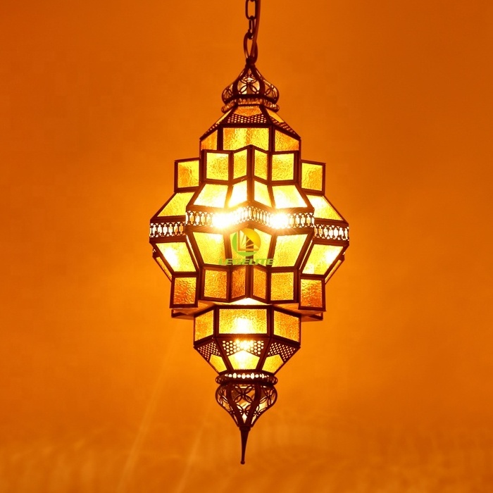 Antique Retro Geometric Amber Textured Ceiling Tiffany Mosaic Glass Brass Moroccan Pendant Lamp Modern Chandelier Pendant Light