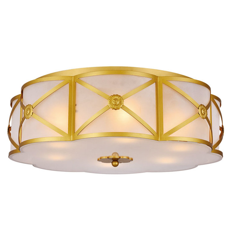 Drum Frosted Glass Brass Flush Mount Light Vintage 3 Lights Bedroom Ceiling Light