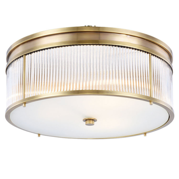 Large Glass Shade Fluorescent Round Brass Semi Flush Mount Ceiling Light