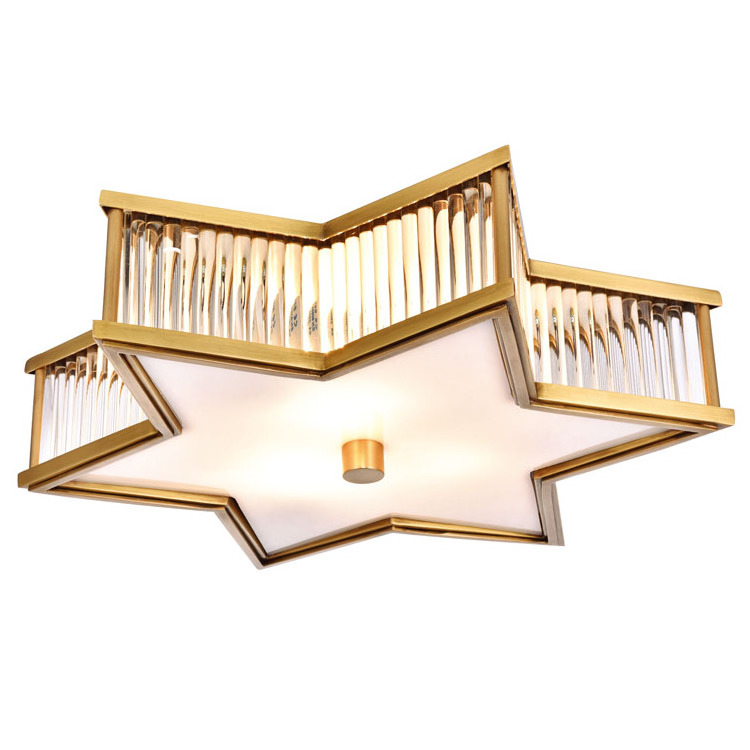 Large Glass Shade Fluorescent Round Brass Semi Flush Mount Ceiling Light