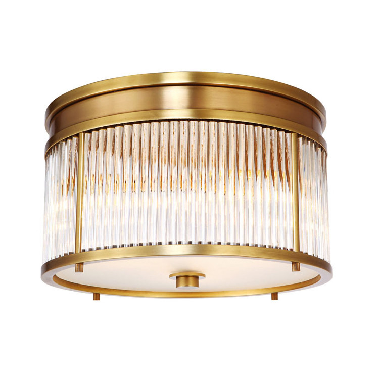 Large Glass Shade Fluorescent Round Brass Semi Flush Mount Ceiling Light