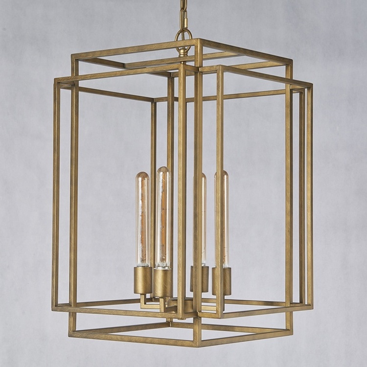 Contemporary Chandeliers with Rectangle Geometric Cage 4 Light Kitchen Island Iron Industrial Pendant Light Fixture