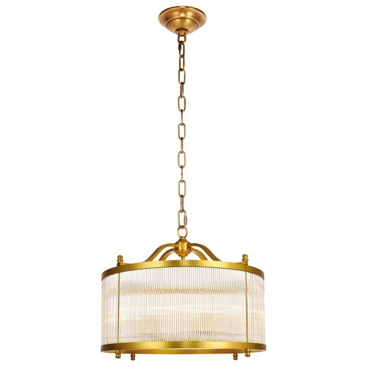 Clear Ribbed Glass Chandelier Vintage Brass Drum Dining Room 6 light Small Medium Large Hanging Brass Ceiling Light