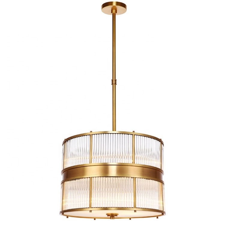 Clear Ribbed Glass Chandelier Vintage Brass Drum Dining Room 6 light Small Medium Large Hanging Brass Ceiling Light