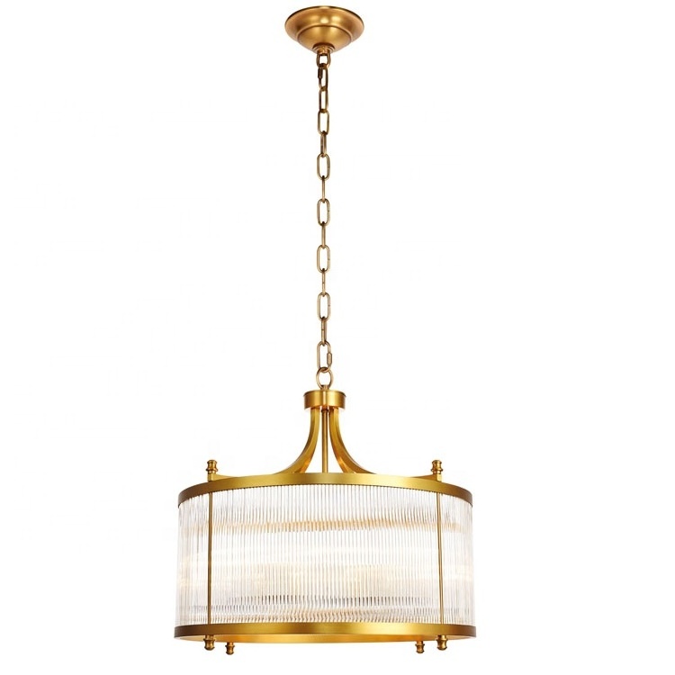 Clear Ribbed Glass Chandelier Vintage Brass Drum Dining Room 6 light Small Medium Large Hanging Brass Ceiling Light