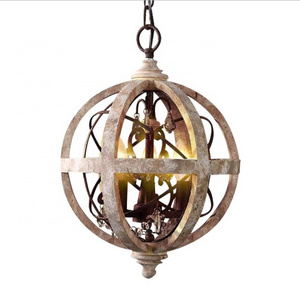 Rustic 5 Lights Bedroom Small Medium Large Hanging Light Distressed White Double Sphere Wood Chandelier Pendant