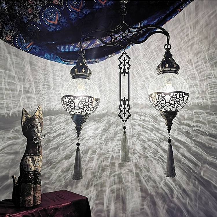 Indoor Moroccan Turkish Pendant Hanging Lamp Light Crack Glass Double Head Ceiling Chandelier Light for Decoration Dining