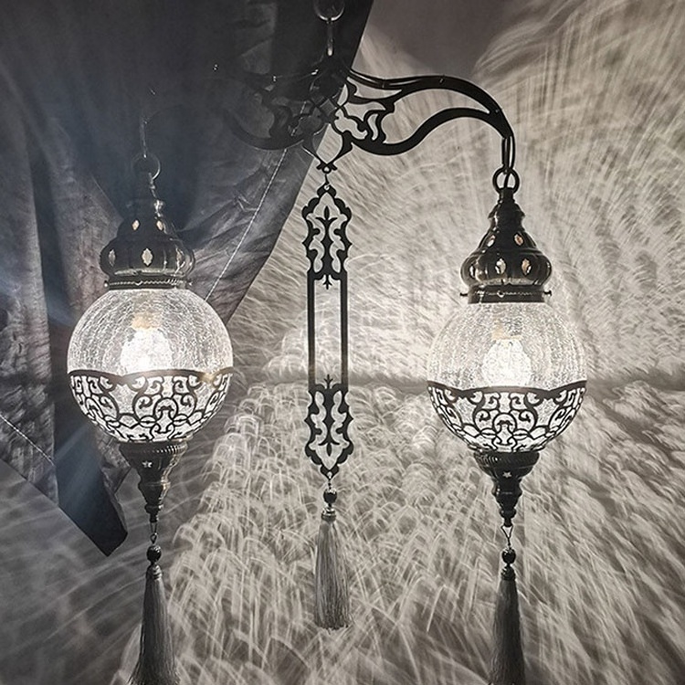 Indoor Moroccan Turkish Pendant Hanging Lamp Light Crack Glass Double Head Ceiling Chandelier Light for Decoration Dining