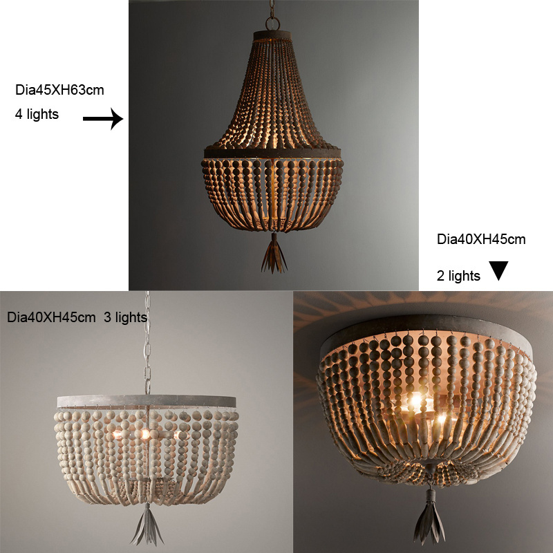 Retro Pendant Hanging Light Wooden Beaded Chandelier Industrial French Wood Retro Vintage LED Country Wooden Lighting