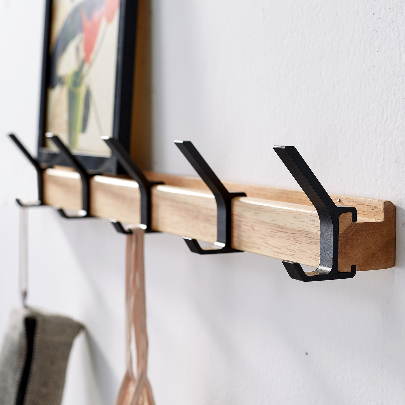 Hook Rack Made Of Bamboo For Coat Clothes Hanger Hooks Living Room Wall Rack Wall-Mounted Coat Rack 5 standard hook