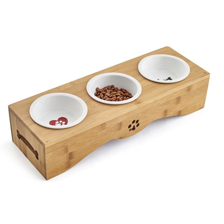 Wooden Stand Pet Bowls Raised Dog Bowls with Bamboo Stand for Cats and Puppy