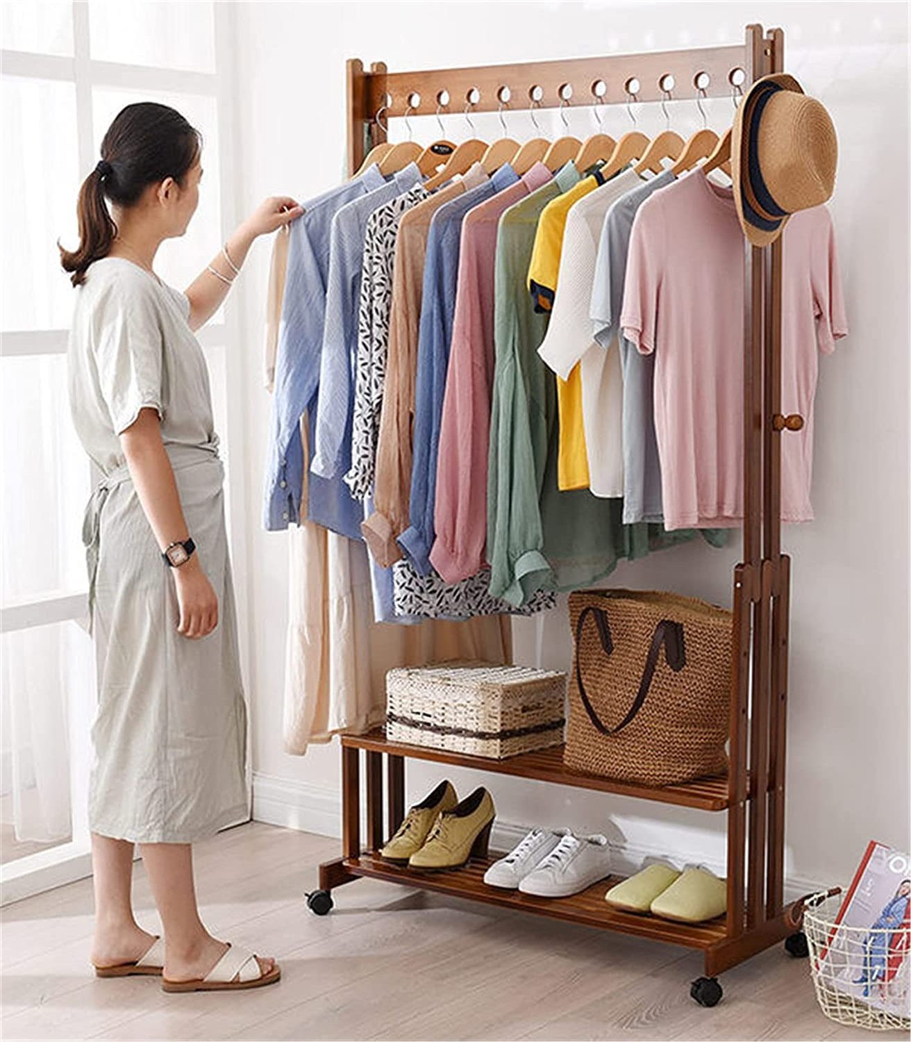 New Arrival Wooden Clothing Organizer Hat Tree Wardrobe Storage Shelves Bamboo Garment Rolling Coat Rack With Wheels