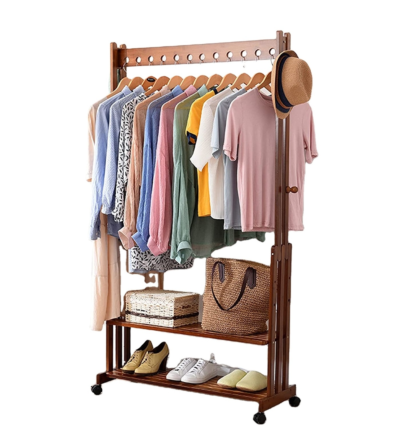 New Arrival Wooden Clothing Organizer Hat Tree Wardrobe Storage Shelves Bamboo Garment Rolling Coat Rack With Wheels