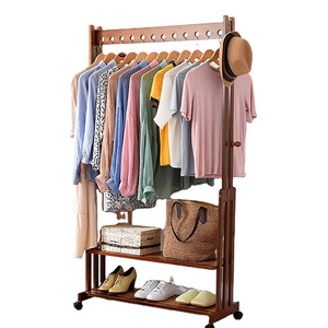 New Arrival Wooden Clothing Organizer Hat Tree Wardrobe Storage Shelves Bamboo Garment Rolling Coat Rack With Wheels