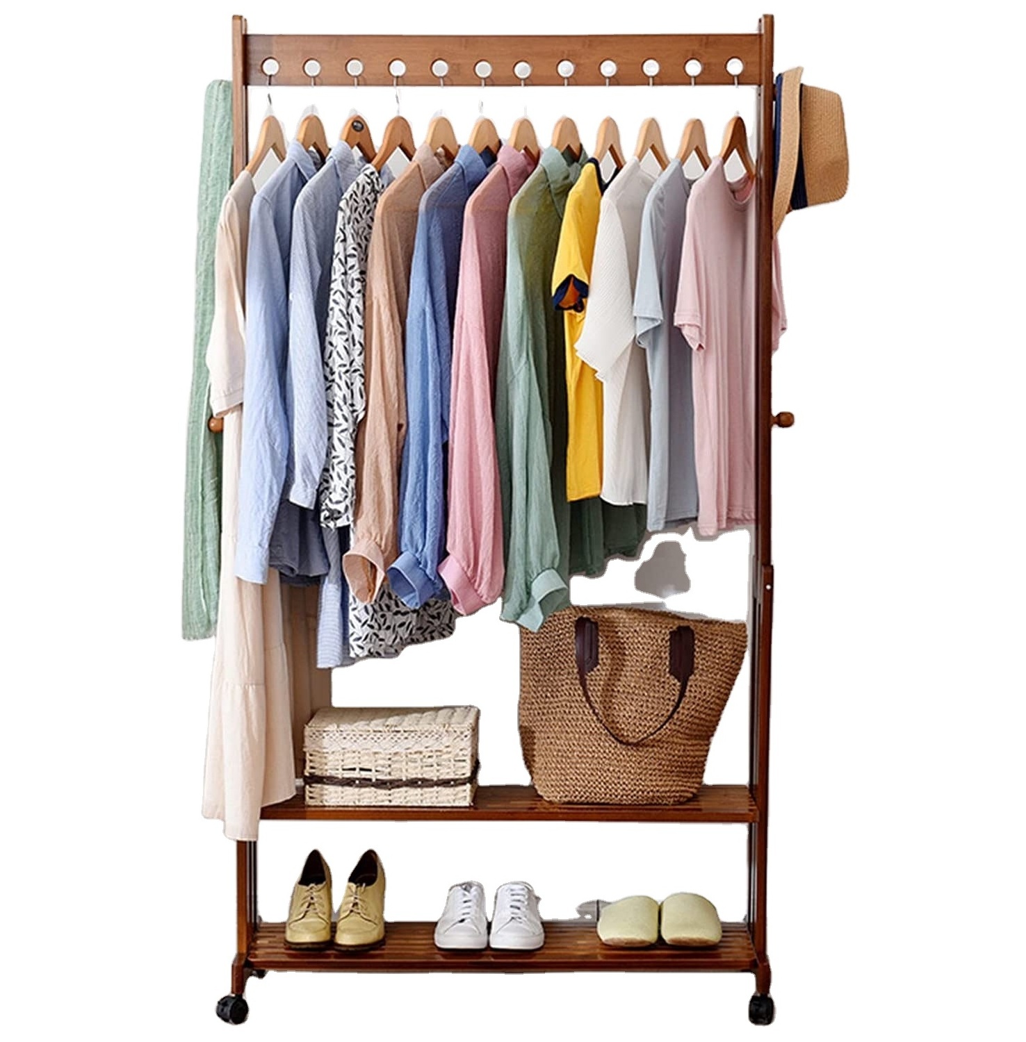 New Arrival Wooden Clothing Organizer Hat Tree Wardrobe Storage Shelves Bamboo Garment Rolling Coat Rack With Wheels