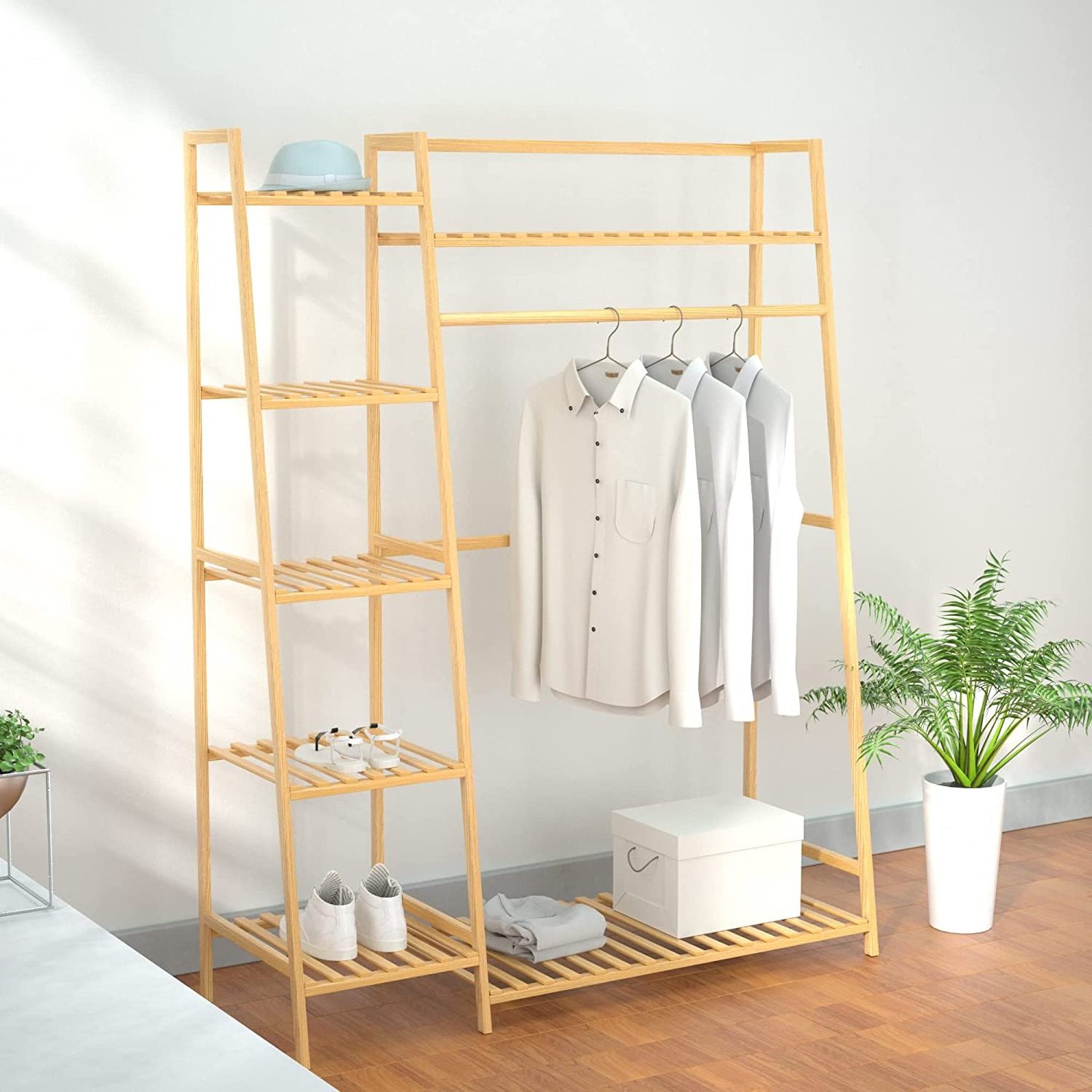 Private Label Bamboo Clothing Garment Rack Free Standing Clothes Coat Hanger Rolling Closet Organizer Shoe Rack Wardrobe Storage