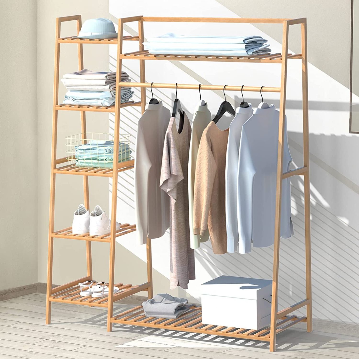 Private Label Bamboo Clothing Garment Rack Free Standing Clothes Coat Hanger Rolling Closet Organizer Shoe Rack Wardrobe Storage