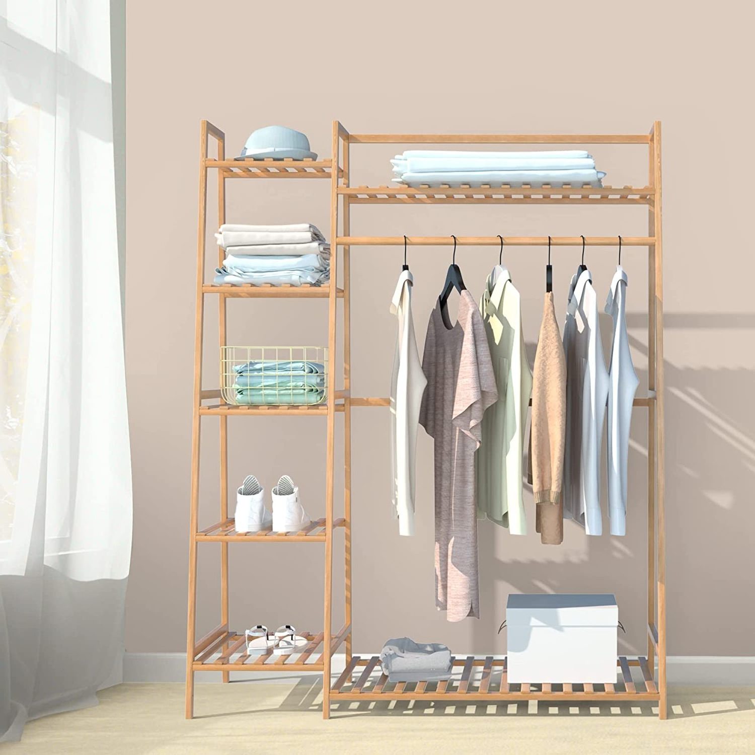 Private Label Bamboo Clothing Garment Rack Free Standing Clothes Coat Hanger Rolling Closet Organizer Shoe Rack Wardrobe Storage