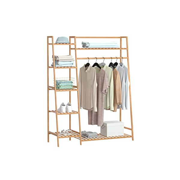 Private Label Bamboo Clothing Garment Rack Free Standing Clothes Coat Hanger Rolling Closet Organizer Shoe Rack Wardrobe Storage