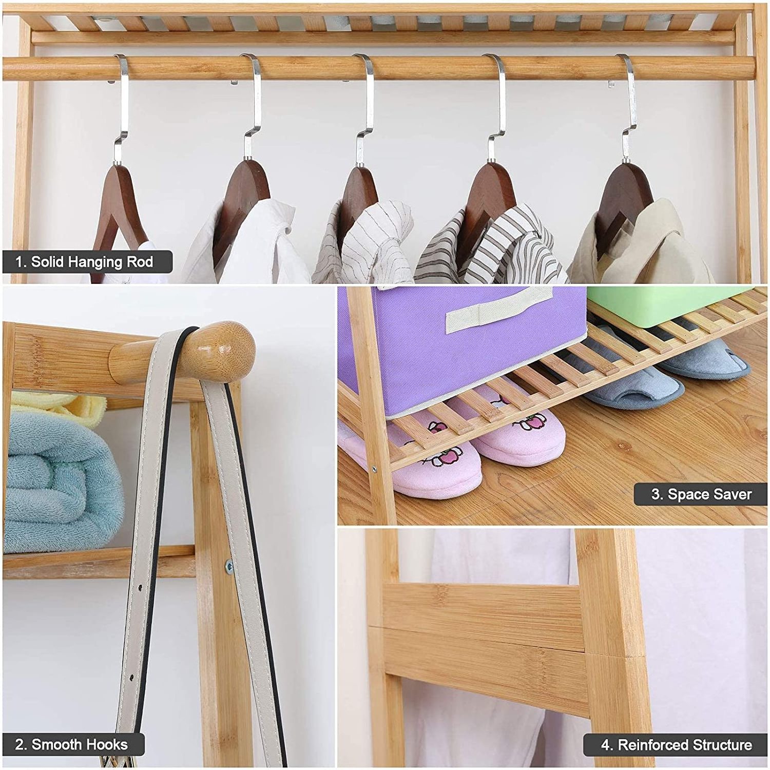 Custom 2 Tier Storage Shelves Bamboo Clothes Hanging Rack 2 Coat Hooks Portable Laundry Rack Cloest Organizer Garment Rack