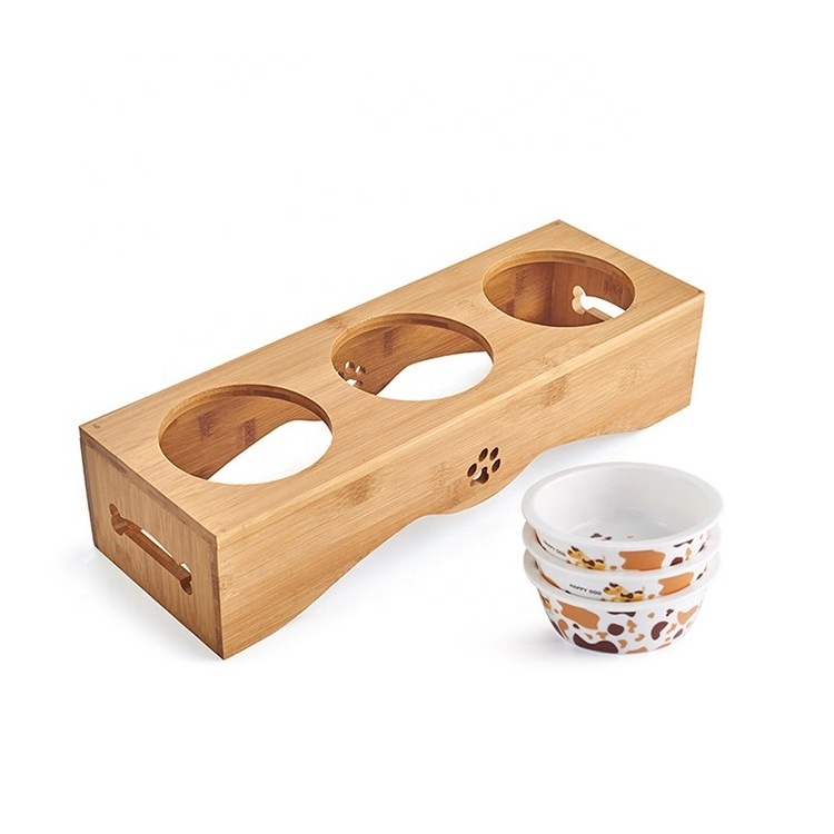 Wooden Stand Pet Bowls Raised Dog Bowls with Bamboo Stand for Cats and Puppy