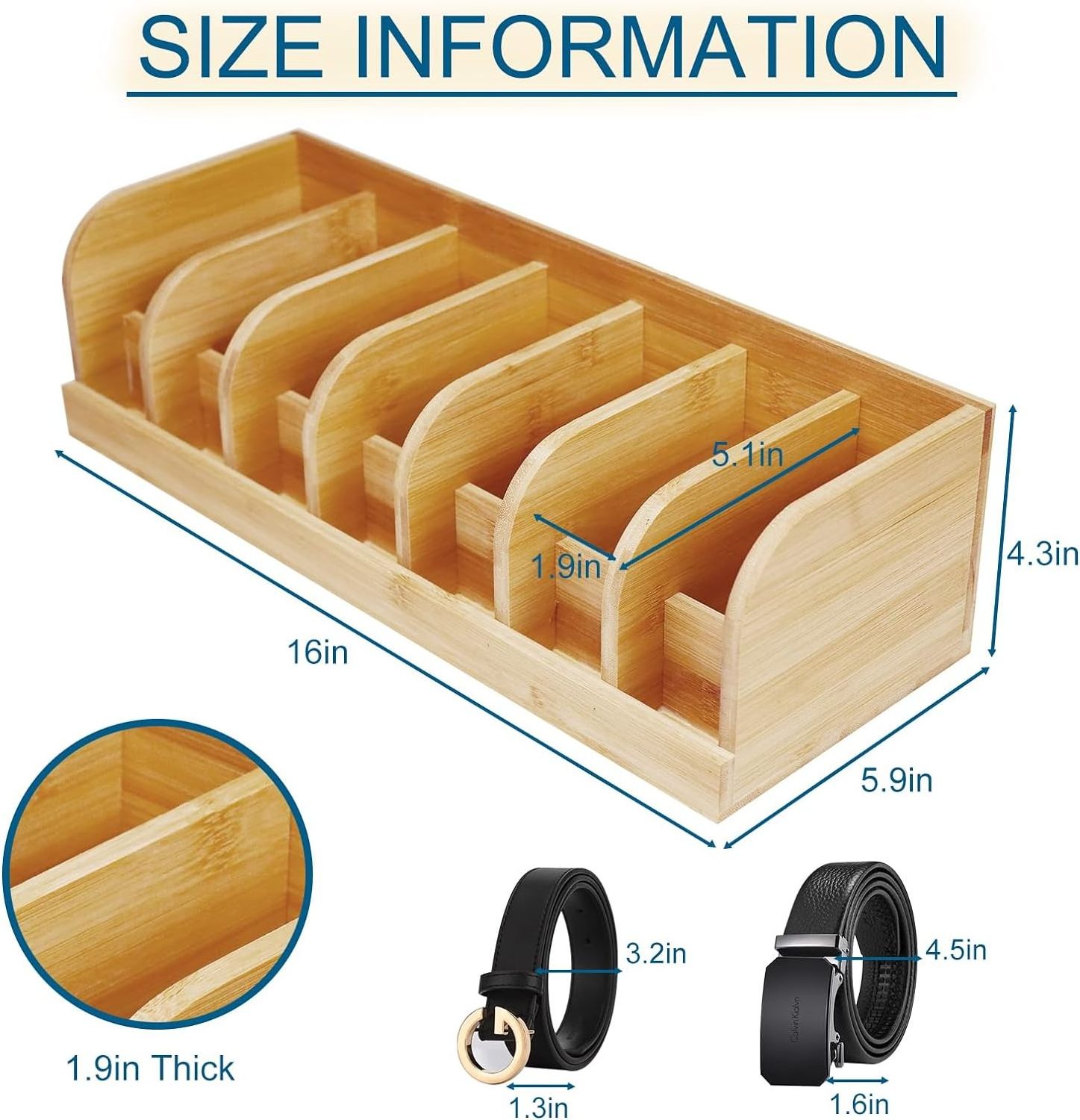 Eco- Friendly Bamboo Belt Storage Box Organizer for Drawer Wooden Closet Accessories Wood Belt Buckle Display Case