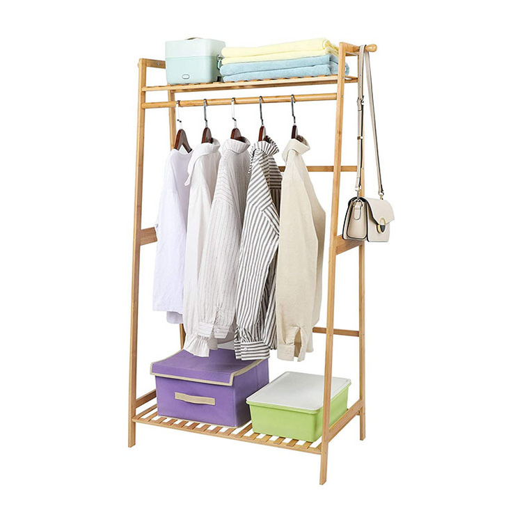 Custom 2 Tier Storage Shelves Bamboo Clothes Hanging Rack 2 Coat Hooks Portable Laundry Rack Cloest Organizer Garment Rack