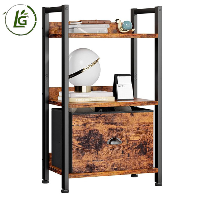 Legend Small Narrow Bookcase with Shelves Wood and Metal Standing Shelf Unit 4 Tiers Wooden Bookshelf With Drawer For Bedroom