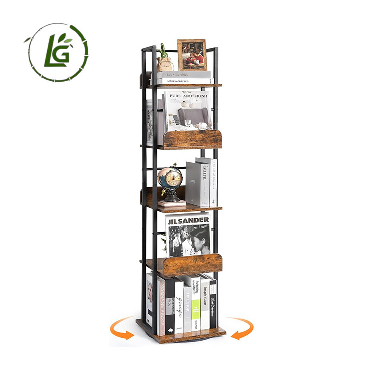 Factory Wholesale Rotating Metal Bookshelves Narrow Bookcase  5-Tier  Wood Swivel Bookshelf Tower for Corner