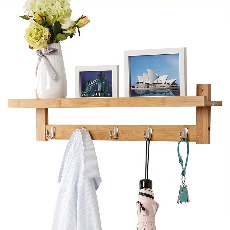 Wall-Mounted Coat Hook Bamboo Wooden Coat Rack and Hook Rack with 5 Metal Hooks and Upper Shelf for Storage Scandinavian Style