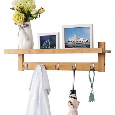 Wall-Mounted Coat Hook Bamboo Wooden Coat Rack and Hook Rack with 5 Metal Hooks and Upper Shelf for Storage Scandinavian Style