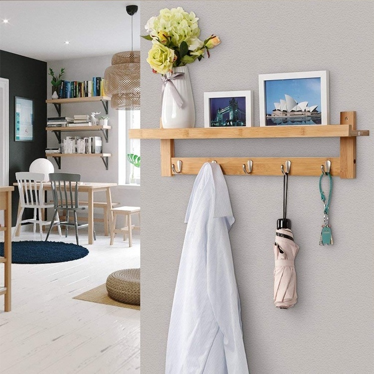 Wall-Mounted Coat Hook Bamboo Wooden Coat Rack and Hook Rack with 5 Metal Hooks and Upper Shelf for Storage Scandinavian Style