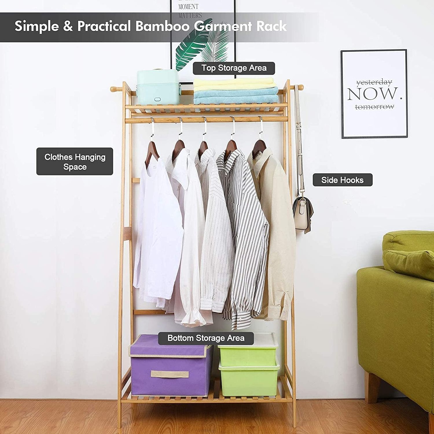 Custom 2 Tier Storage Shelves Bamboo Clothes Hanging Rack 2 Coat Hooks Portable Laundry Rack Cloest Organizer Garment Rack